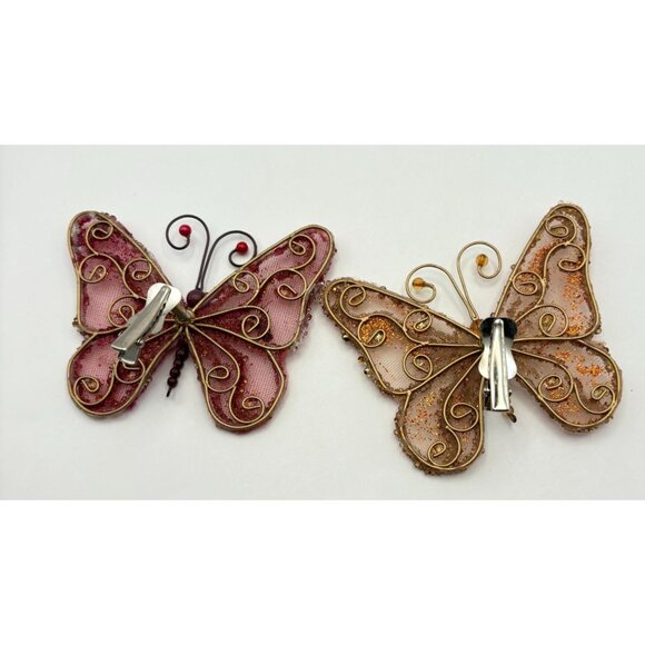 Vintage Beaded Butterfly Christmas Tree Ornaments Clip On Set Of 2 Purple Orange - Picture 2 of 7